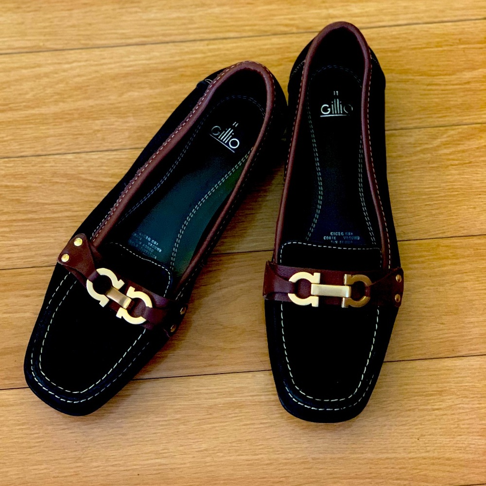 Suede Black Flats, brown leather trim and brass hardware
